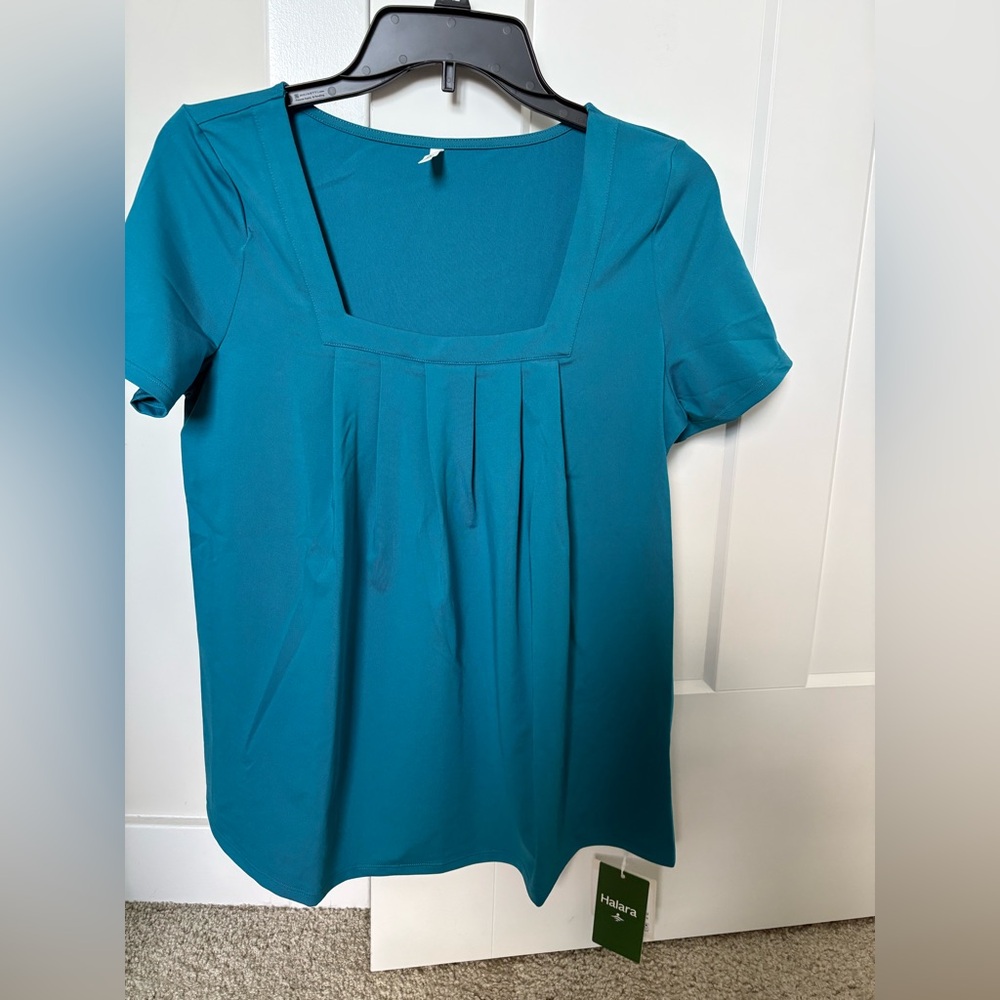 HALARA Teal Square-Neck Short Sleeve Pleated Top size S